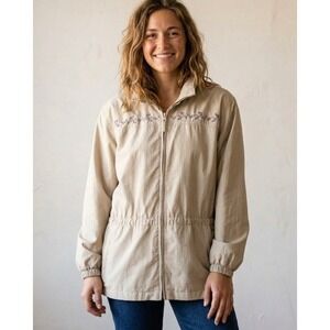 Northern Reflections Tan Floral Embroidered Nylon Windbreaker Jacket Medium
